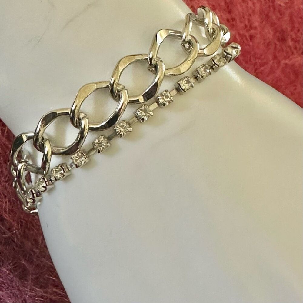 Silver tone rhinestone double strand bracelet